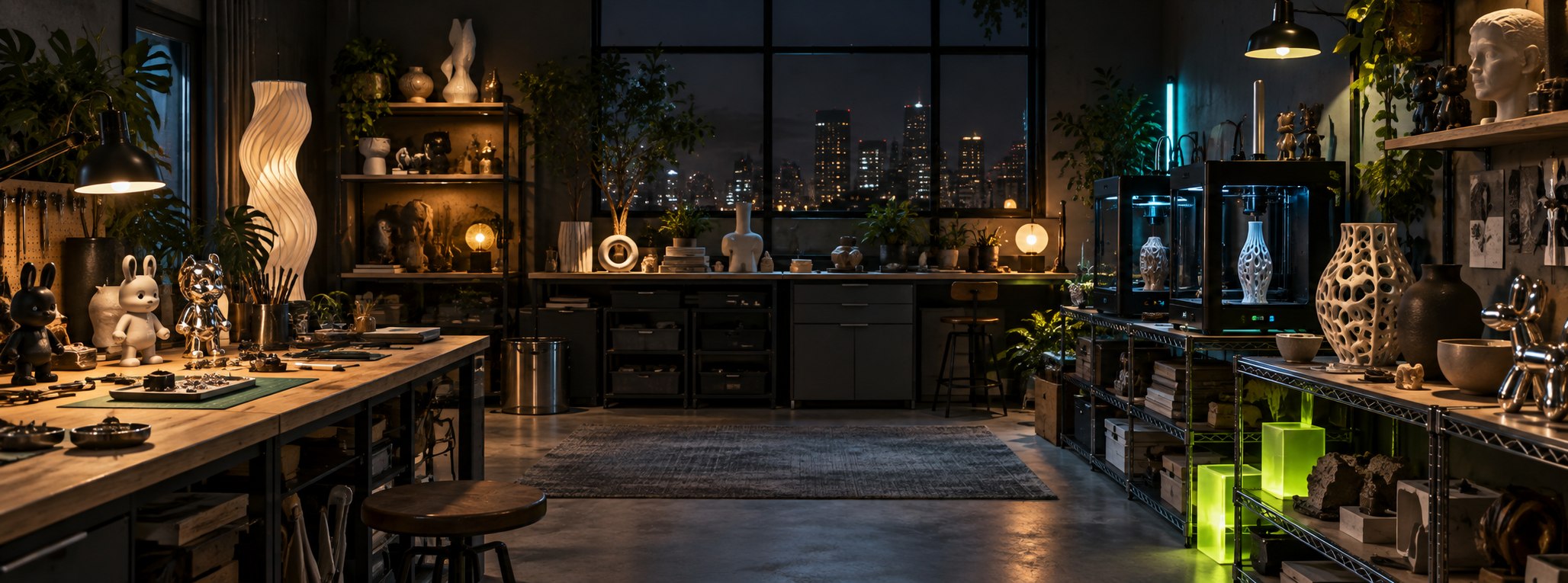 An independent creator's studio filled with objects, tools, and a 3D printer